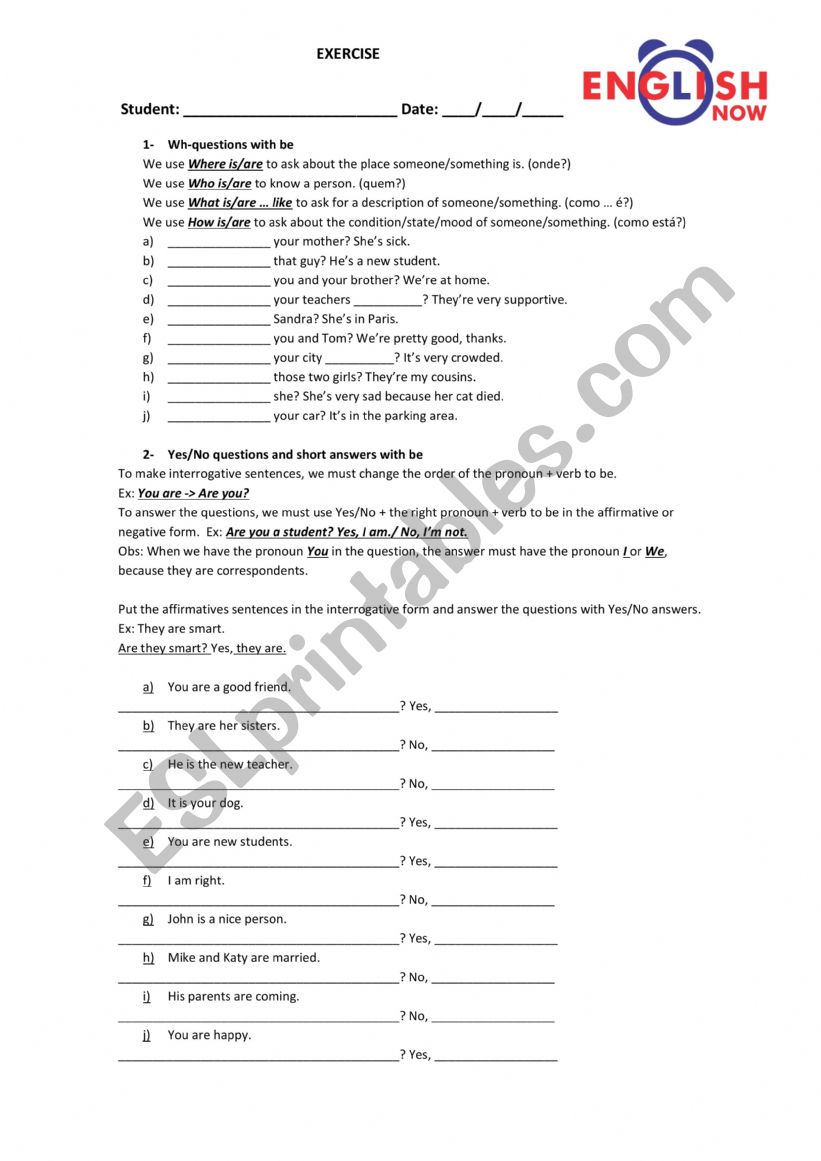 Wh- questions with be worksheet