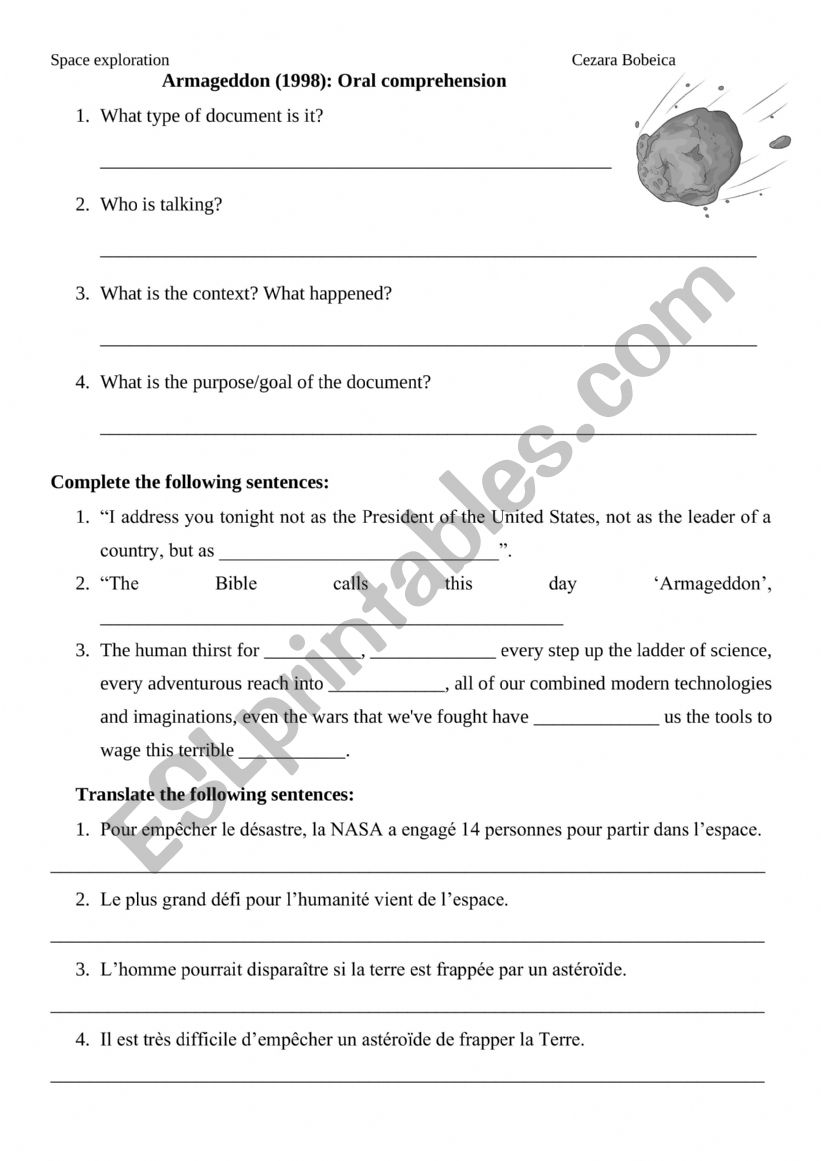 Armaggedon oral comprehension worksheet