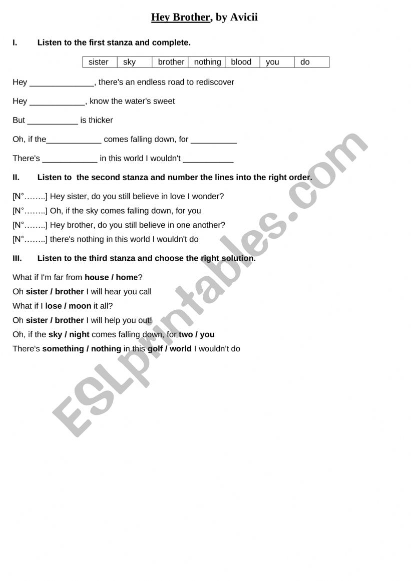 Hey brother by Avicii worksheet