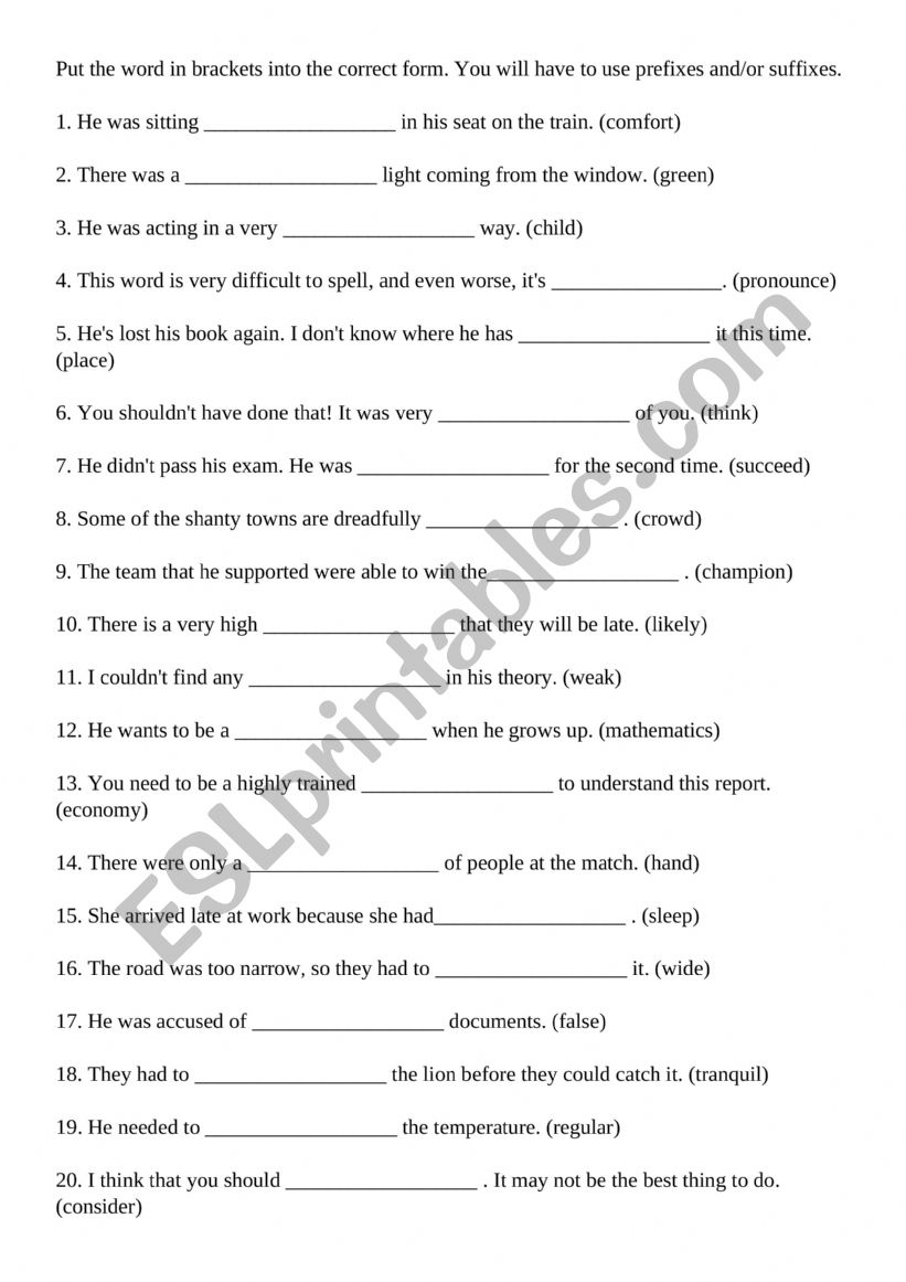 Prefix and Suffix Exercise worksheet