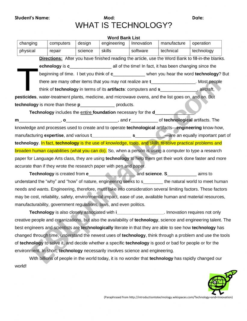 What Is Technology Reading Fill In The Blanks ESL Worksheet By Ihuntt