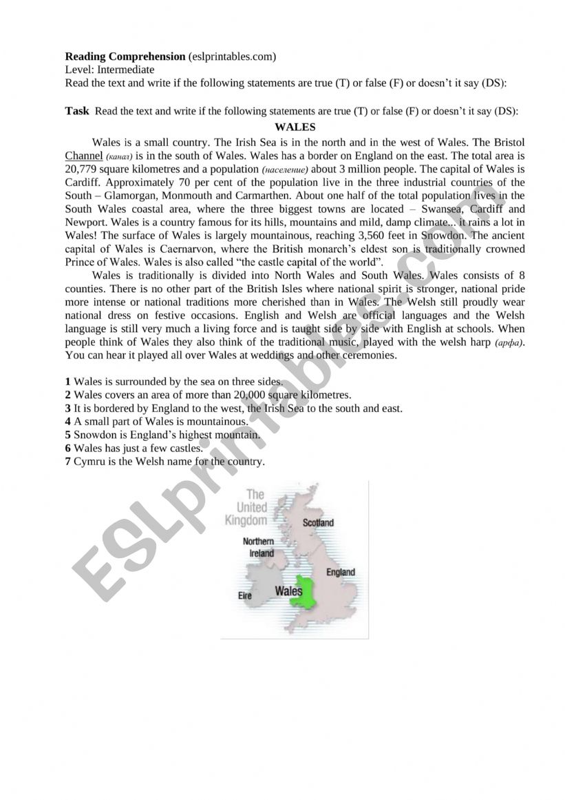 Wales Reading Comprehension worksheet