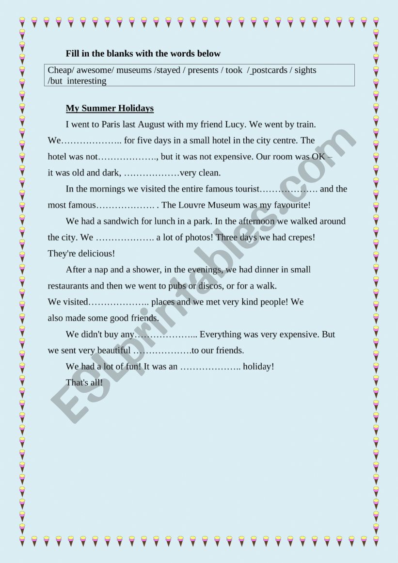 My summer holidays worksheet