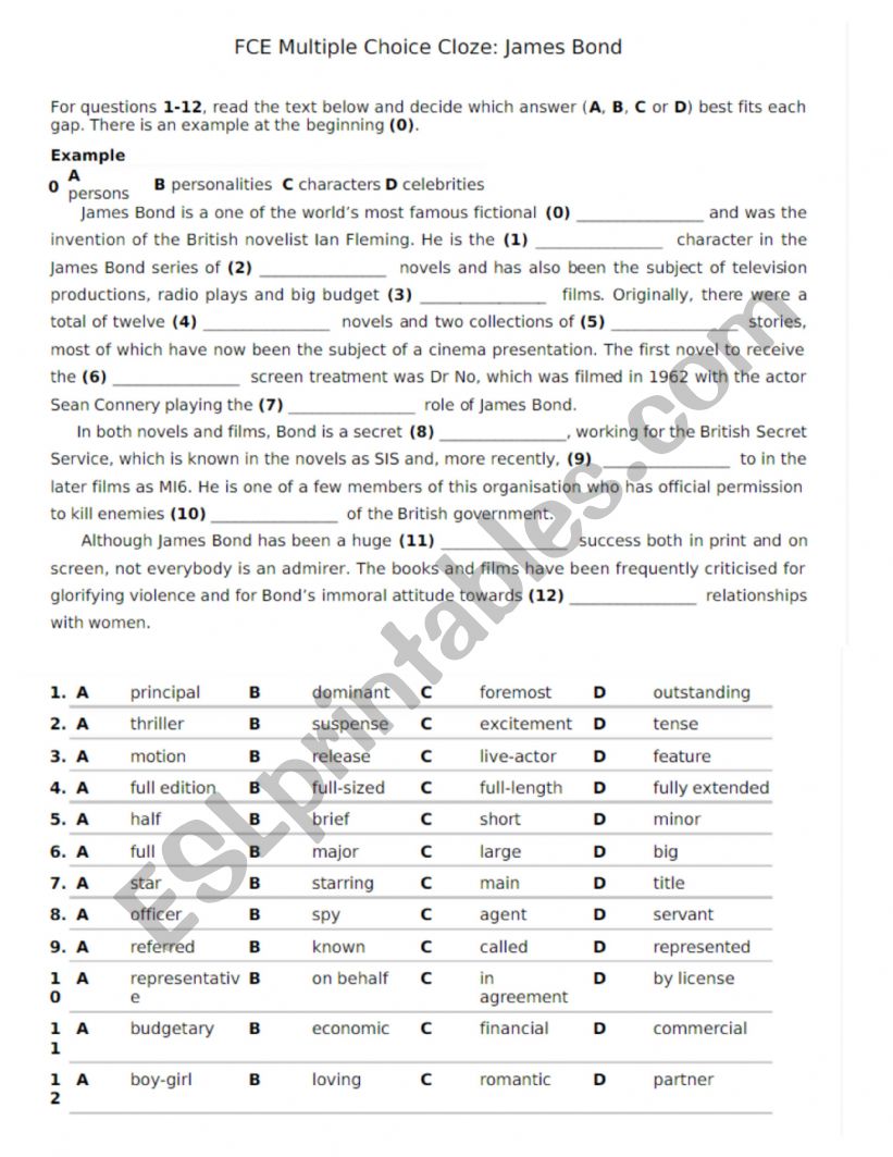B2 First Multiple choice worksheet