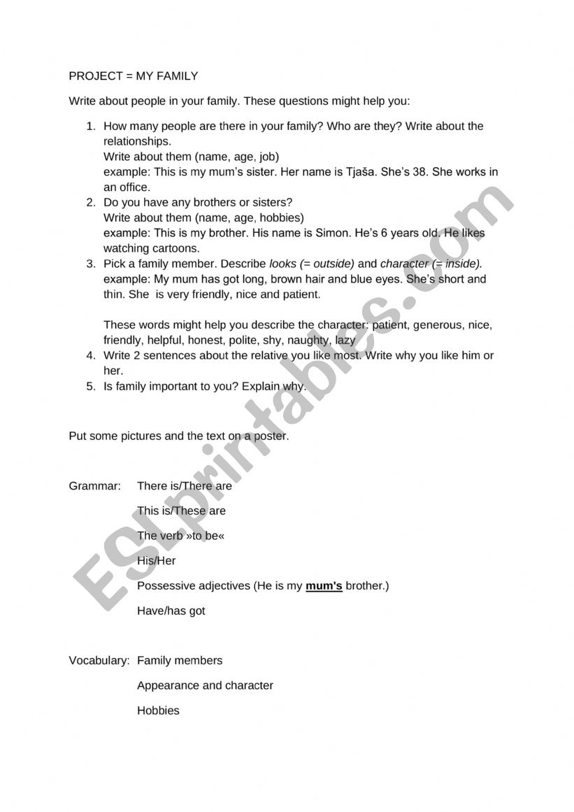 PROJECT ABOUT MY FAMILY worksheet
