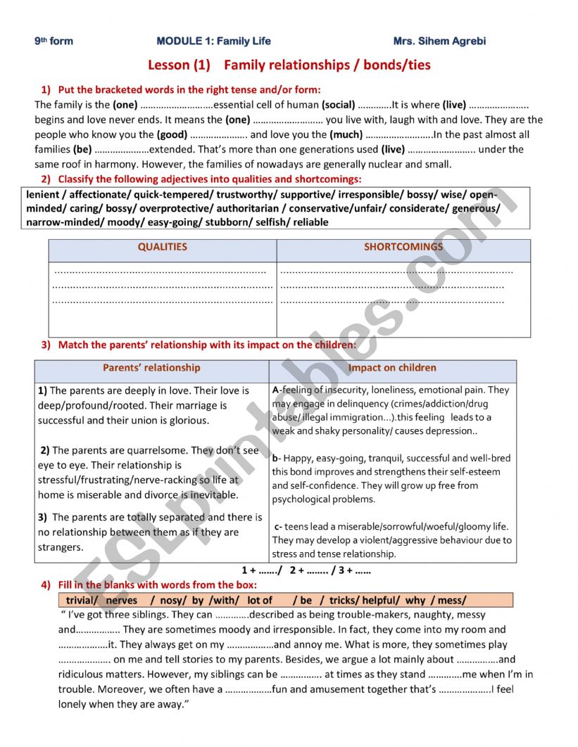 module 1 lesson 1 Family relationships  