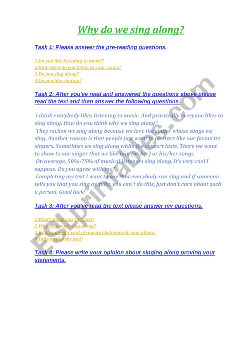 Why do we sing along? worksheet