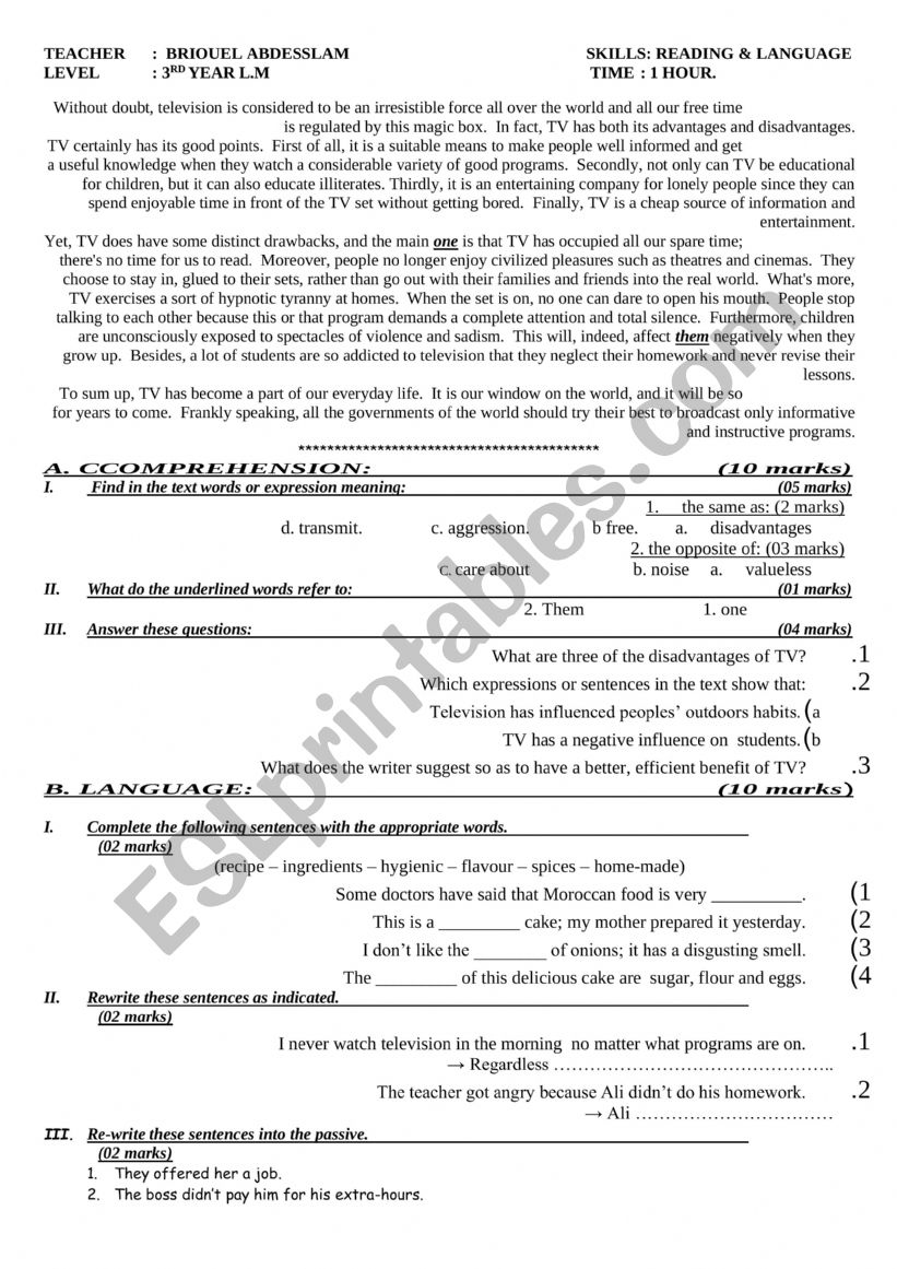 Television worksheet