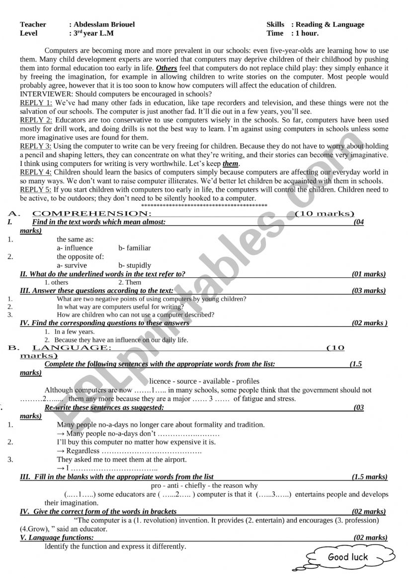  Computers worksheet