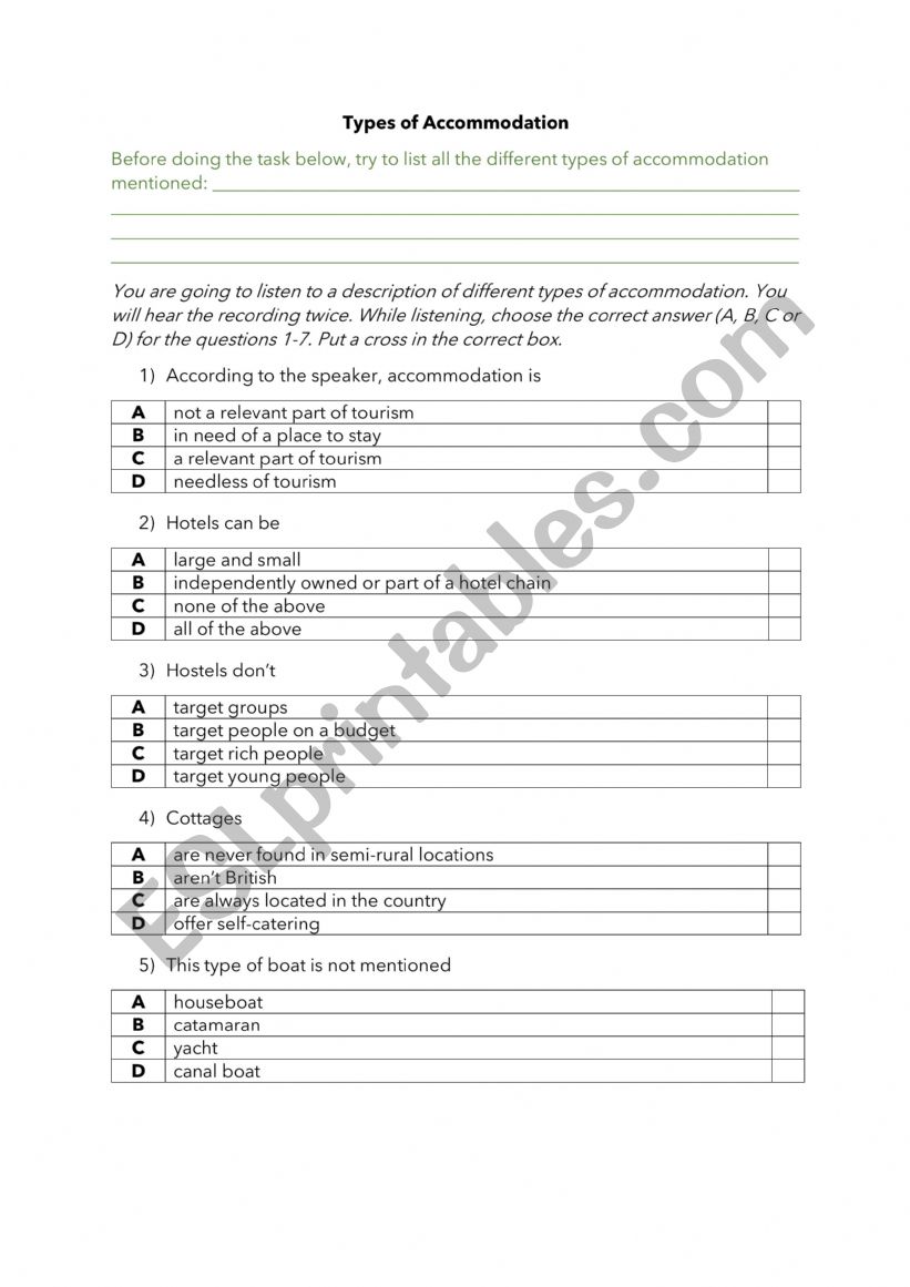 Types of accommodation worksheet