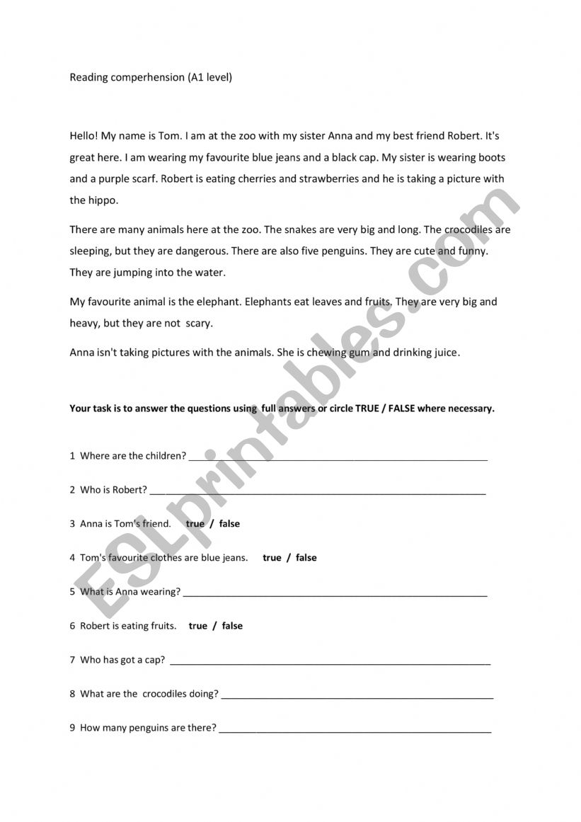 Reading comprehension  worksheet