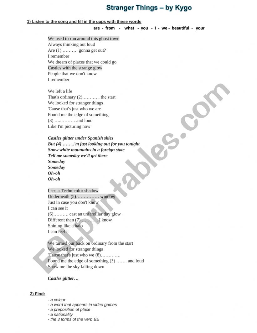 Song stranger things  worksheet