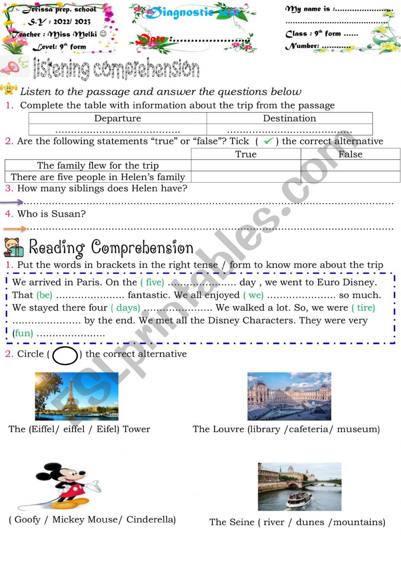 9th form diagnostic test worksheet