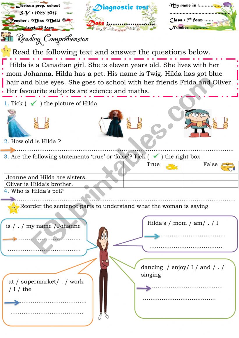 7th form diagnostic test worksheet