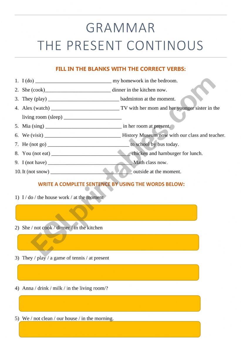 Present Continuous Worsksheet worksheet
