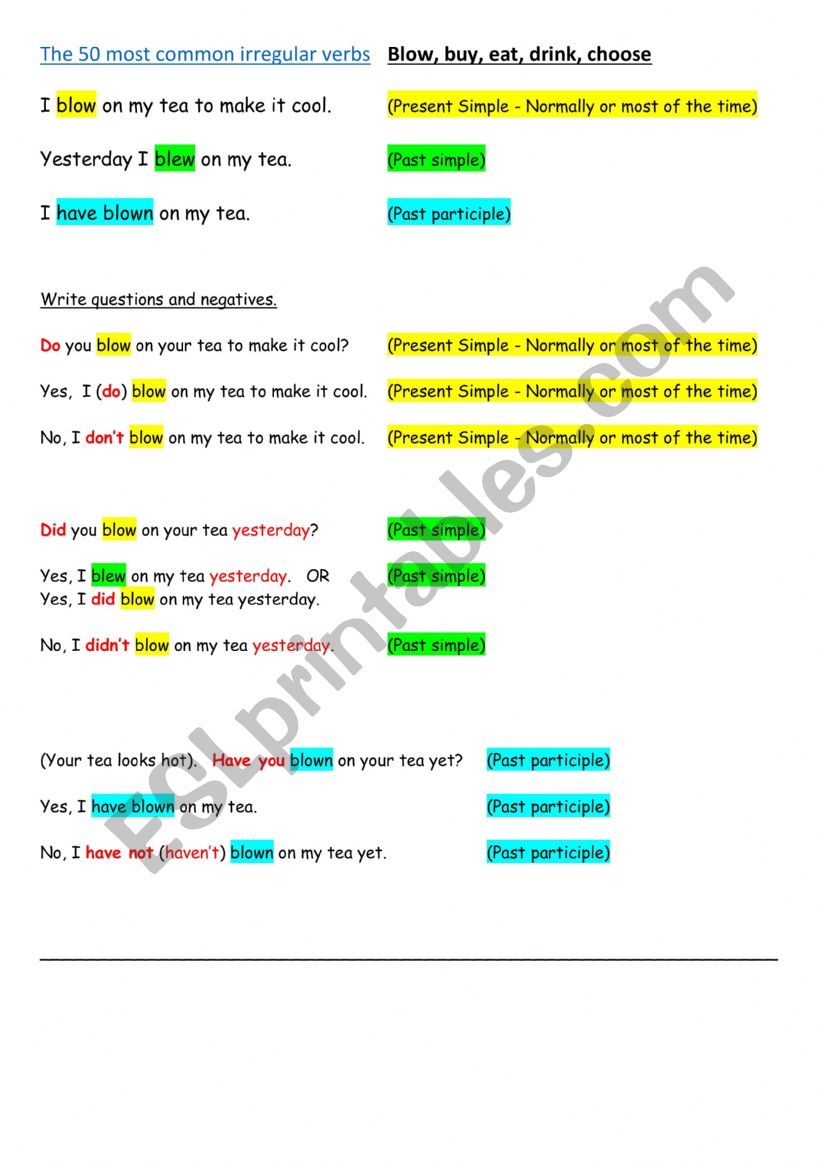 5 COMMON IRREGULAT VERBS - PRESENT  SIMPLE - PAST SIMPLE and PAST PARTICIPLE