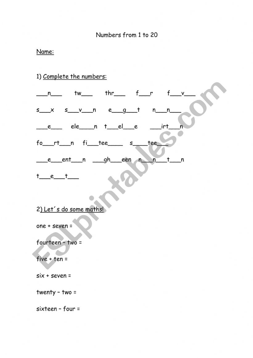 Numbers 1-20 worksheet