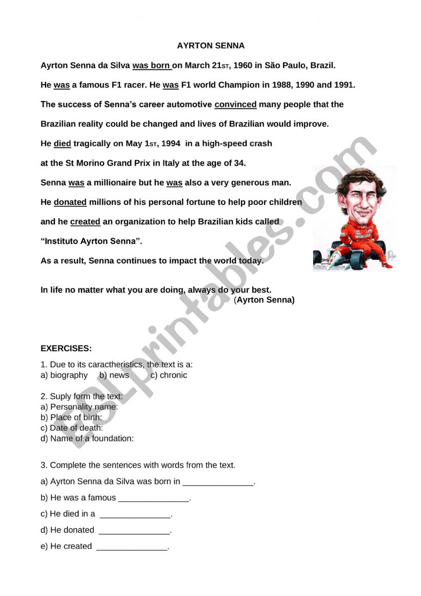 Ayrton Senna�s biography worksheet