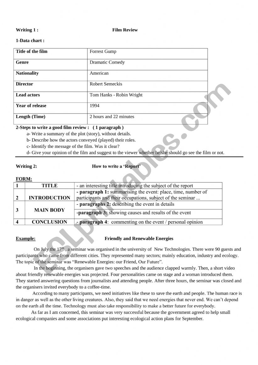 writing; film review / report worksheet