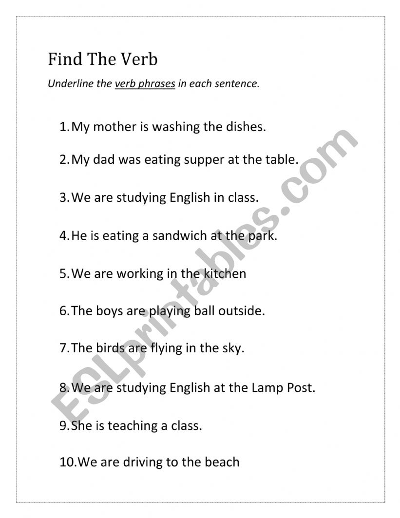 Underline The Verb Phrase ESL Worksheet By ElisaHope Learning