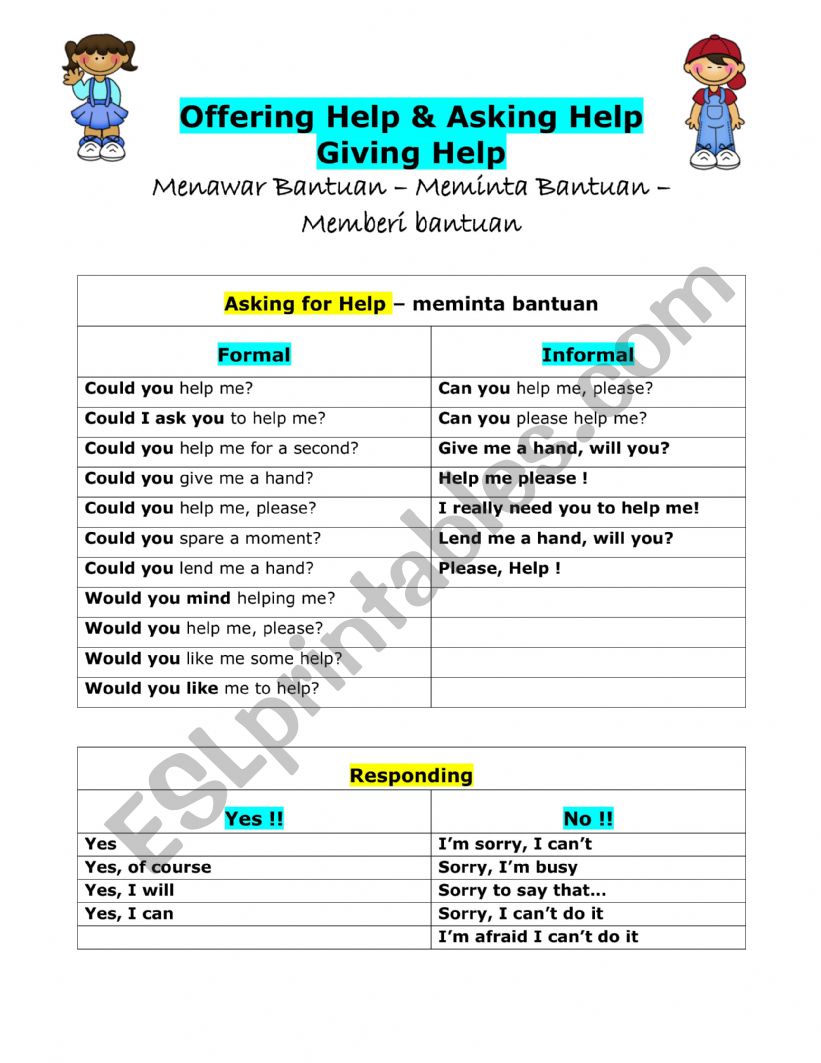 Printable Asking For Help Worksheets
