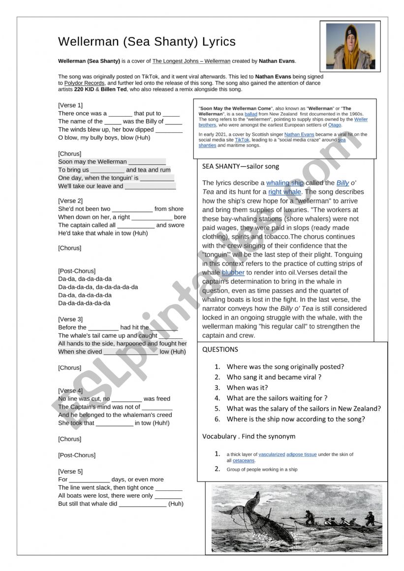 Wellerman a sea shanty song worksheet