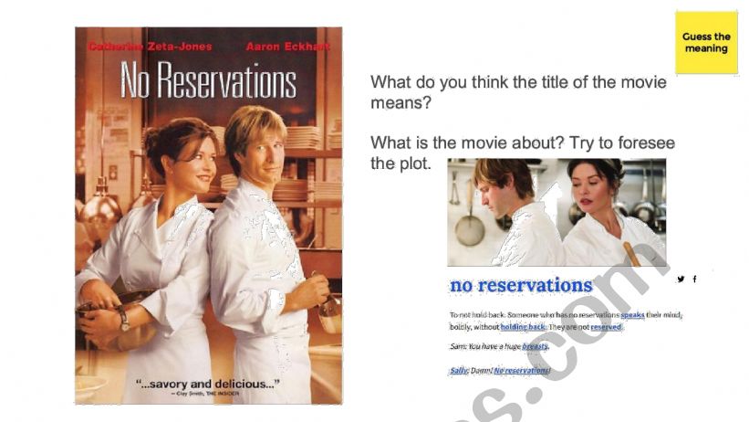 No Reservations movie tasks worksheet