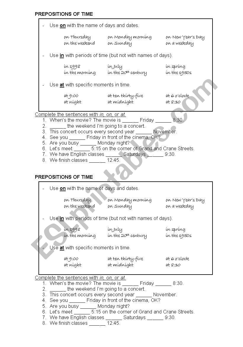 prepositions of time worksheet