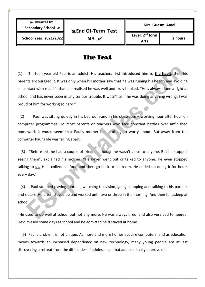 end of term test second form worksheet