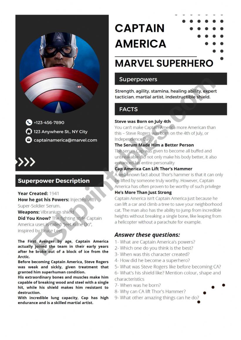 Captain America worksheet