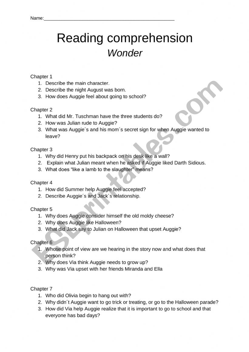 Wonder reading comprehension worksheet