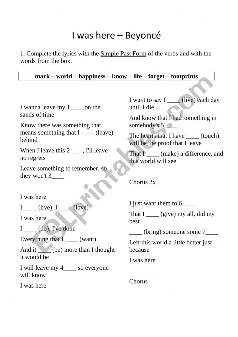 I was here by Beyonce Music Worksheet