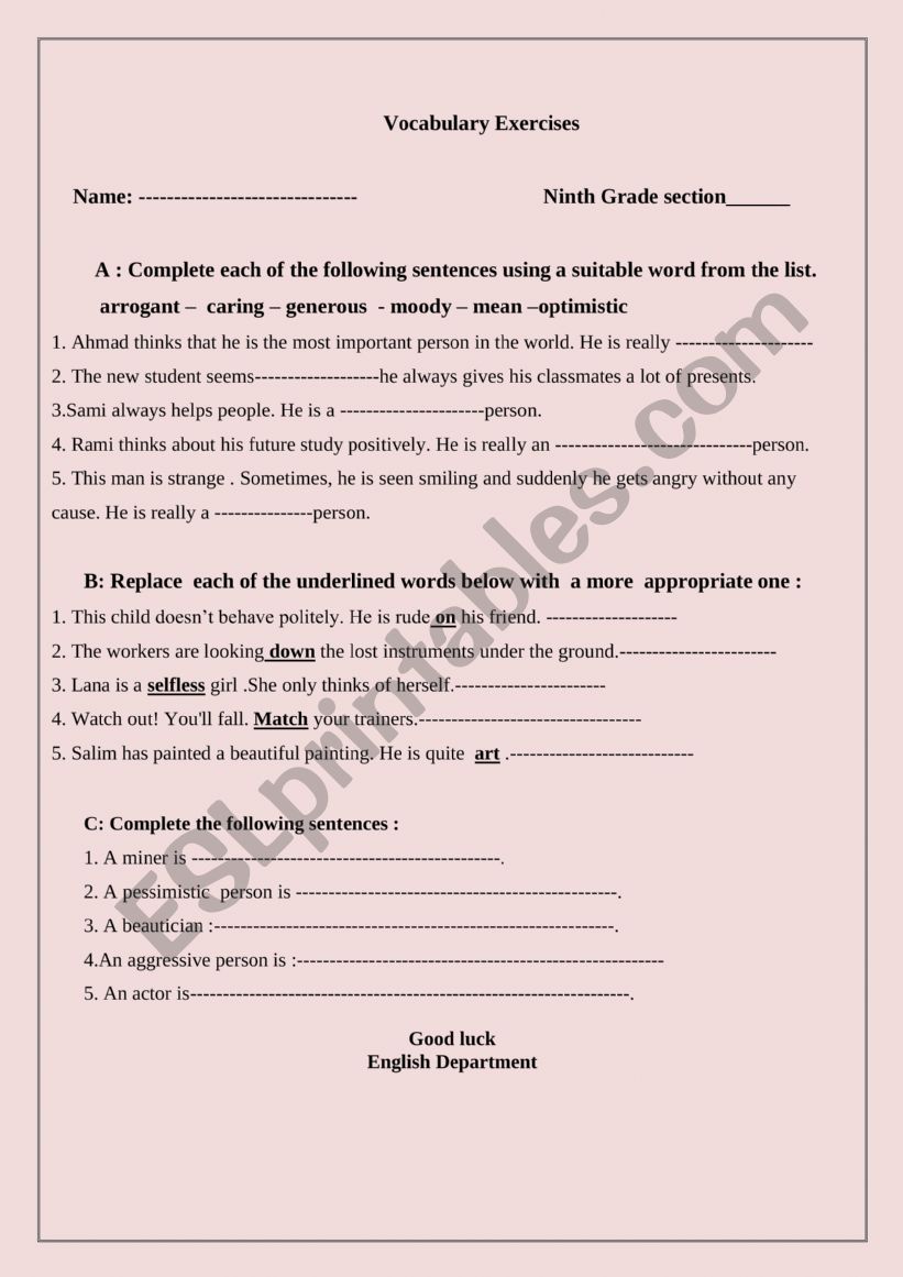 Vocabulary Exercise worksheet