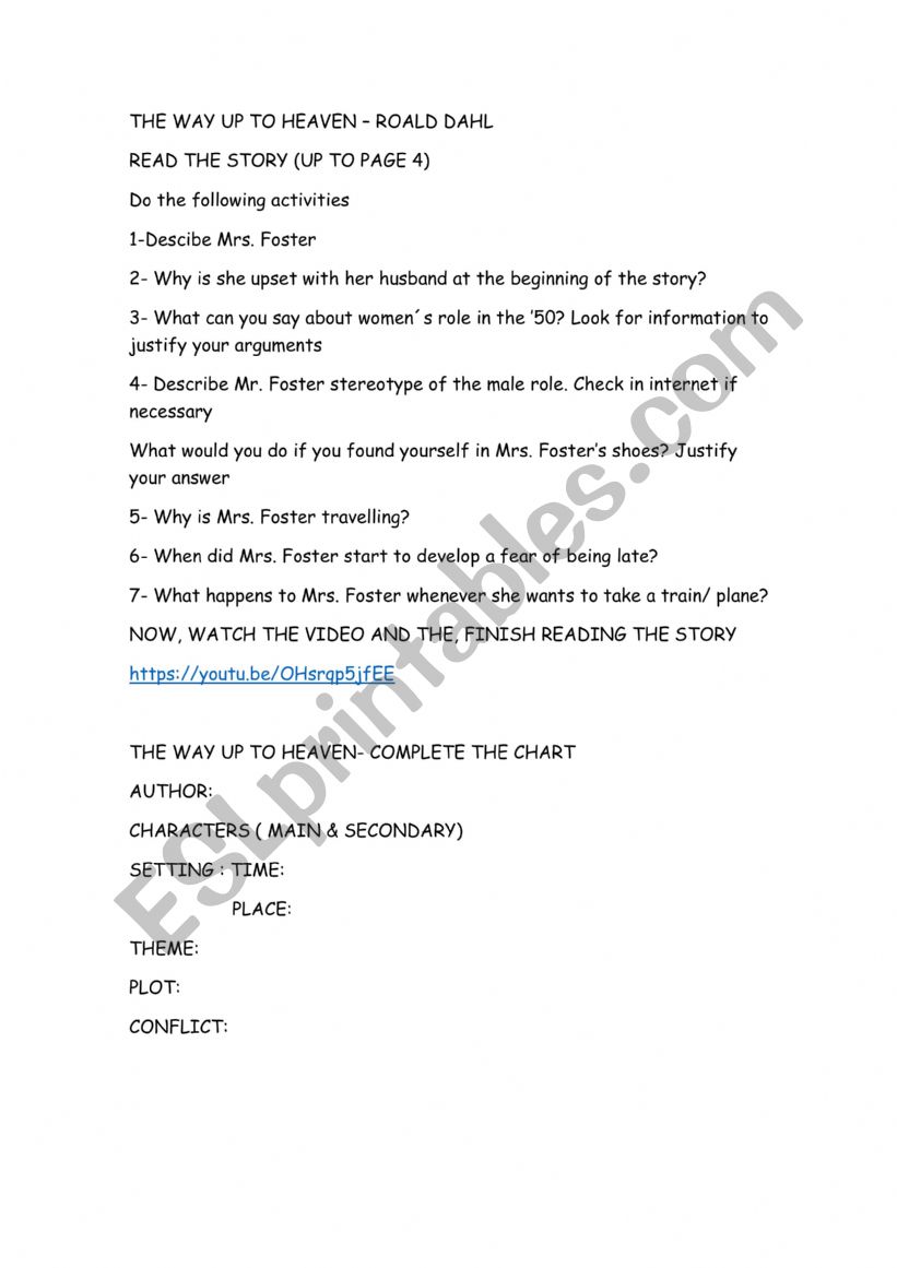 The way up to heaven worksheet