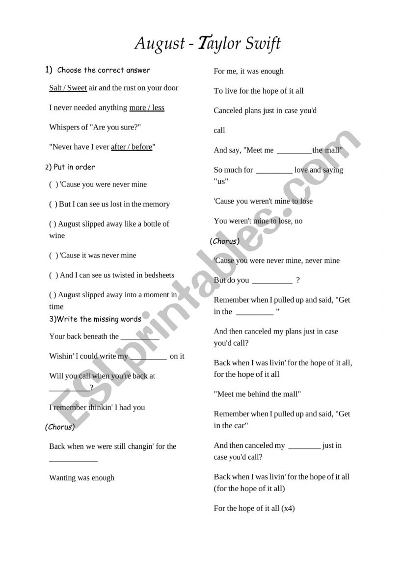  Song August by Taylor Swift  worksheet