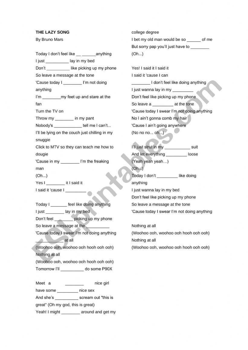 The lazy song worksheet