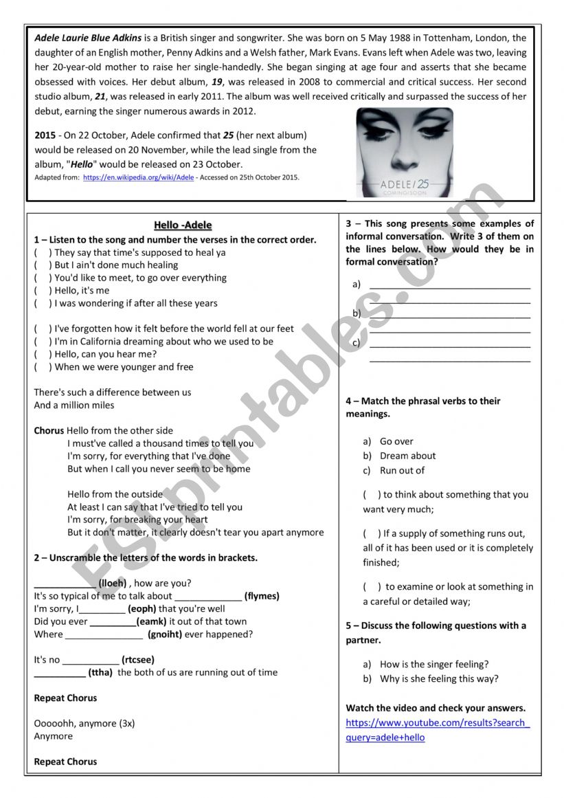 Hello cancion adele worksheet