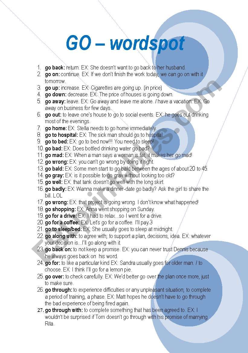 Go wordspot and phrasal verbs worksheet