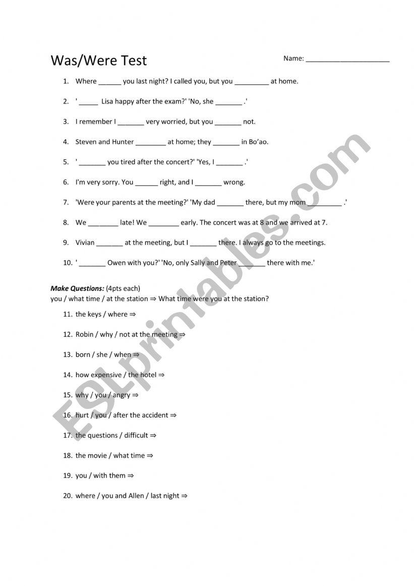 Was Were  worksheet