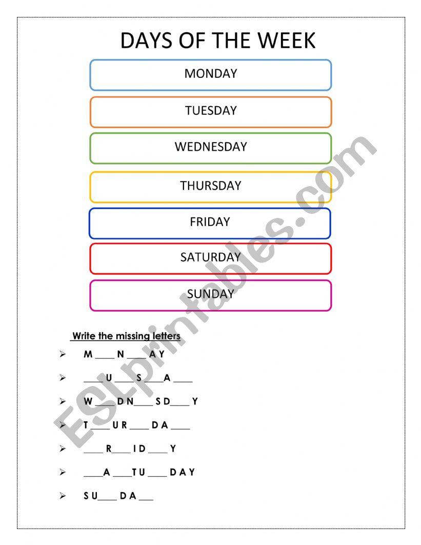 Days of the week  worksheet