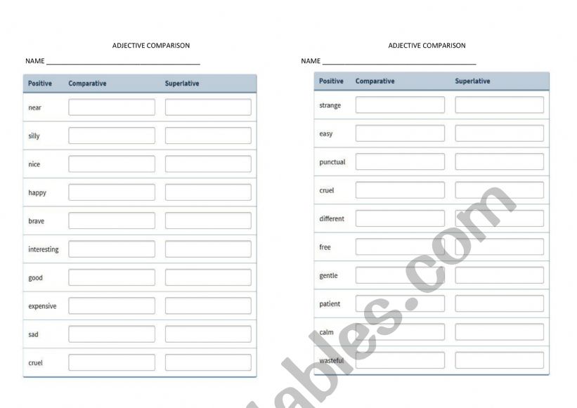 Adjective comparison worksheet