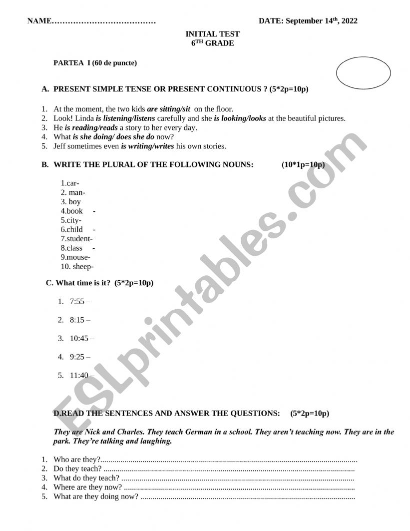 Initial Test 6th grade worksheet