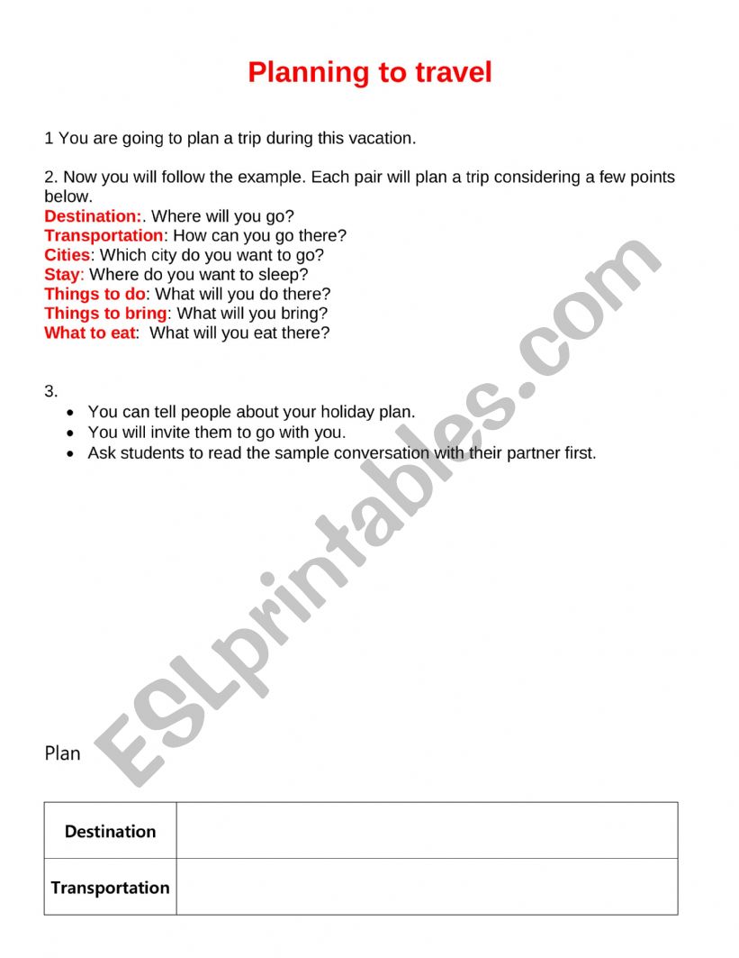 plan to travel worksheet