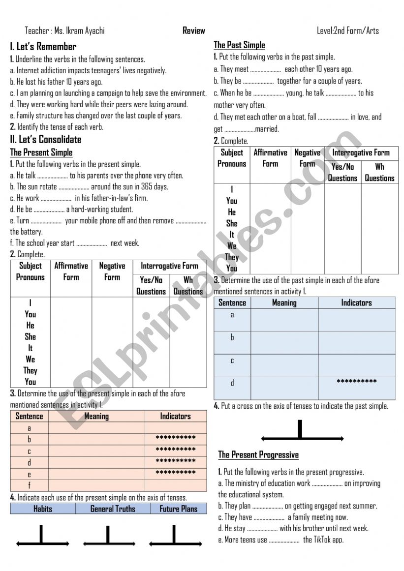 2nd Form - Review - Tenses worksheet