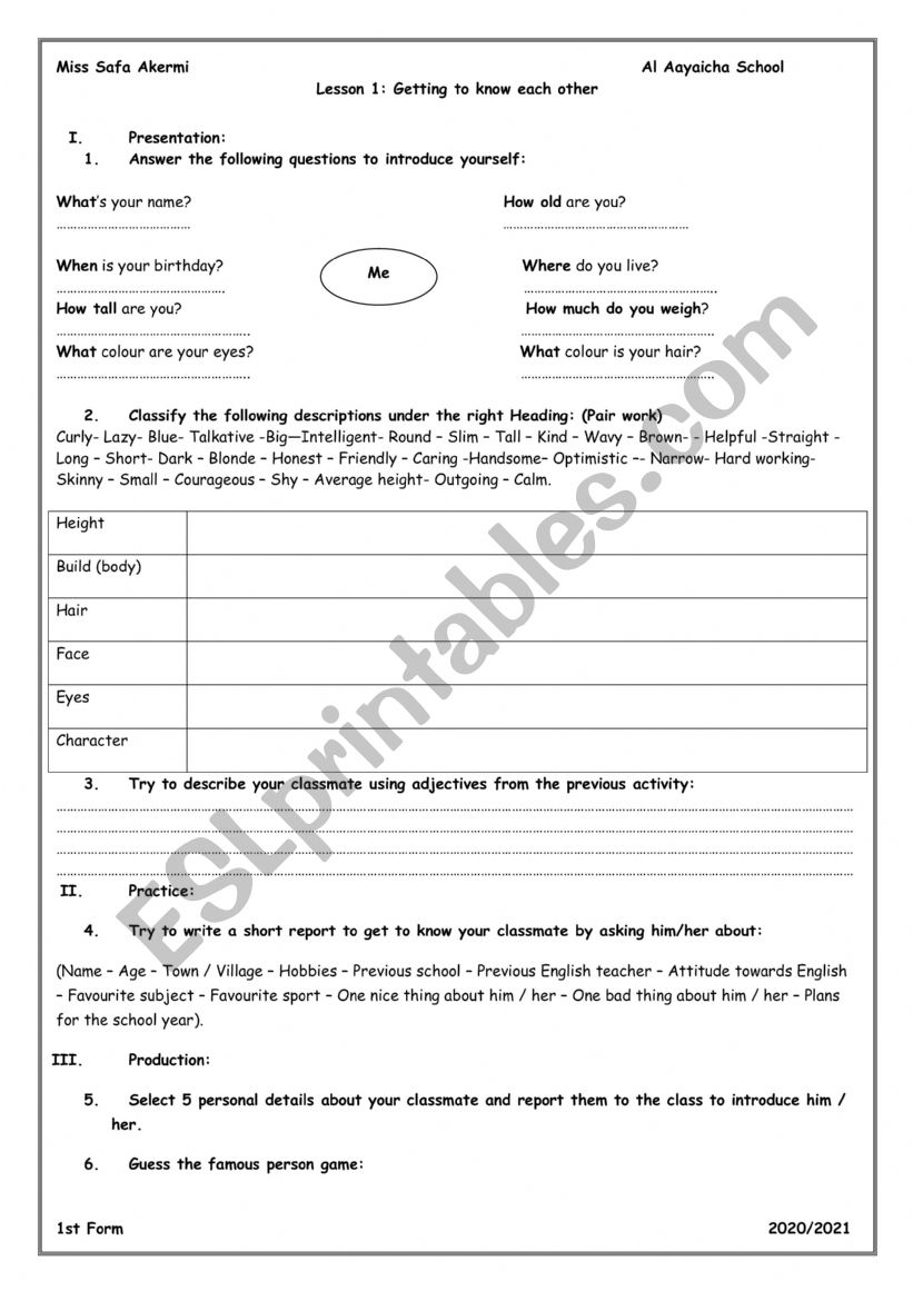 Getting to know eachother worksheet