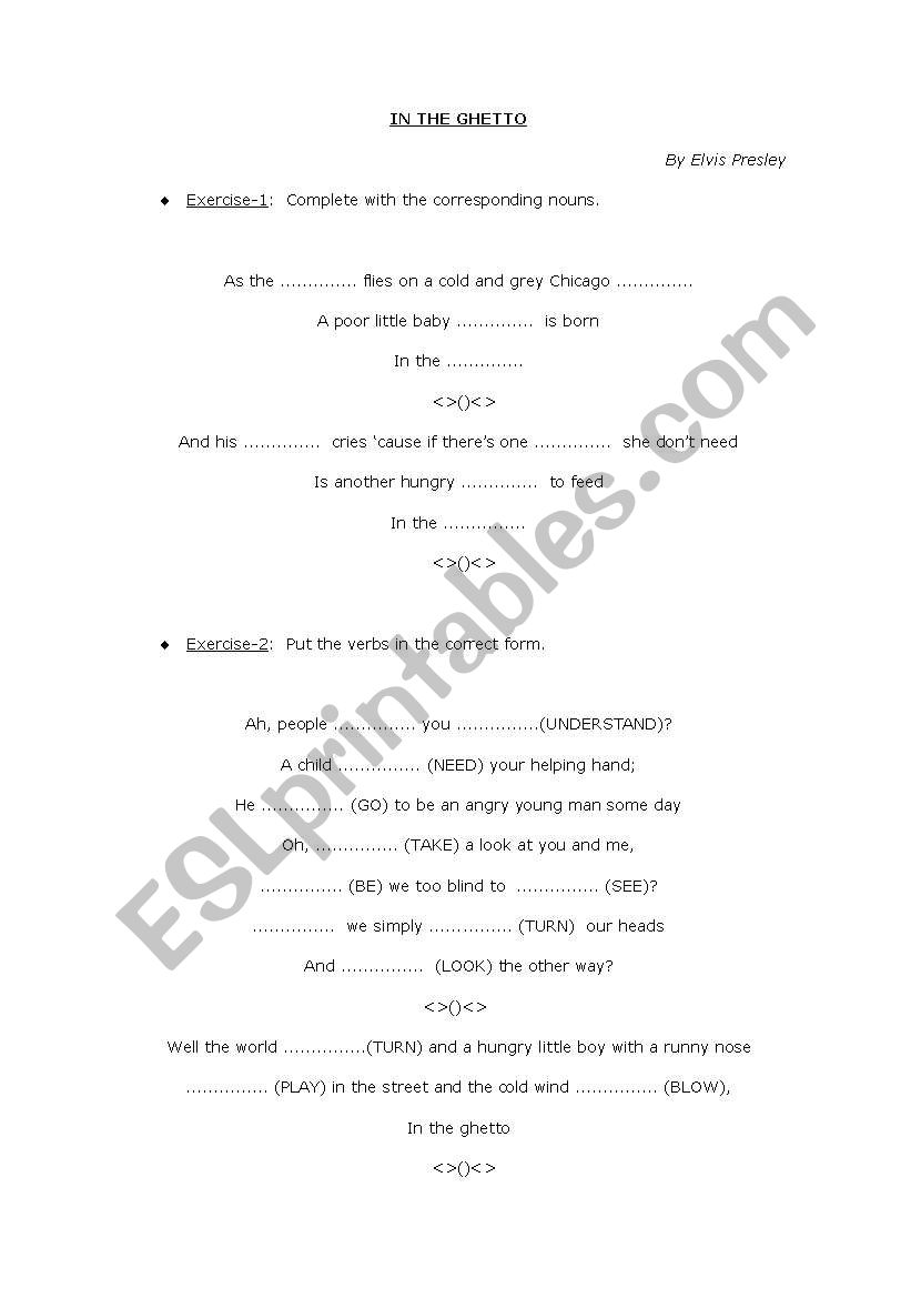 In the Ghetto Elvis Presley worksheet