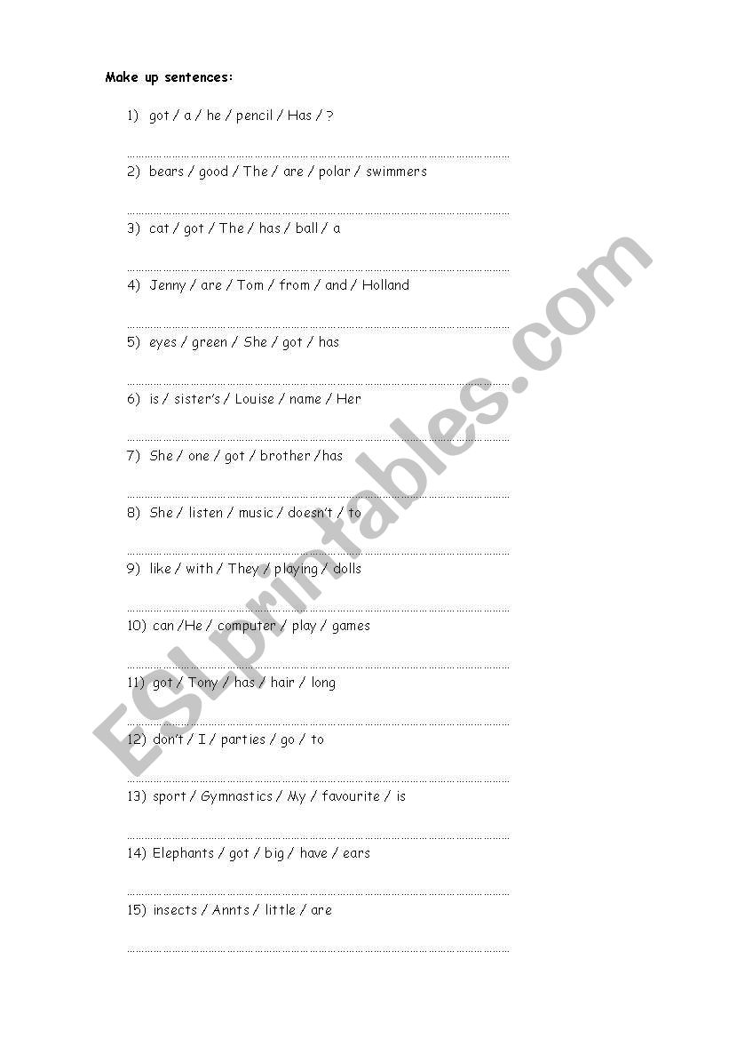 Making up sentences worksheet