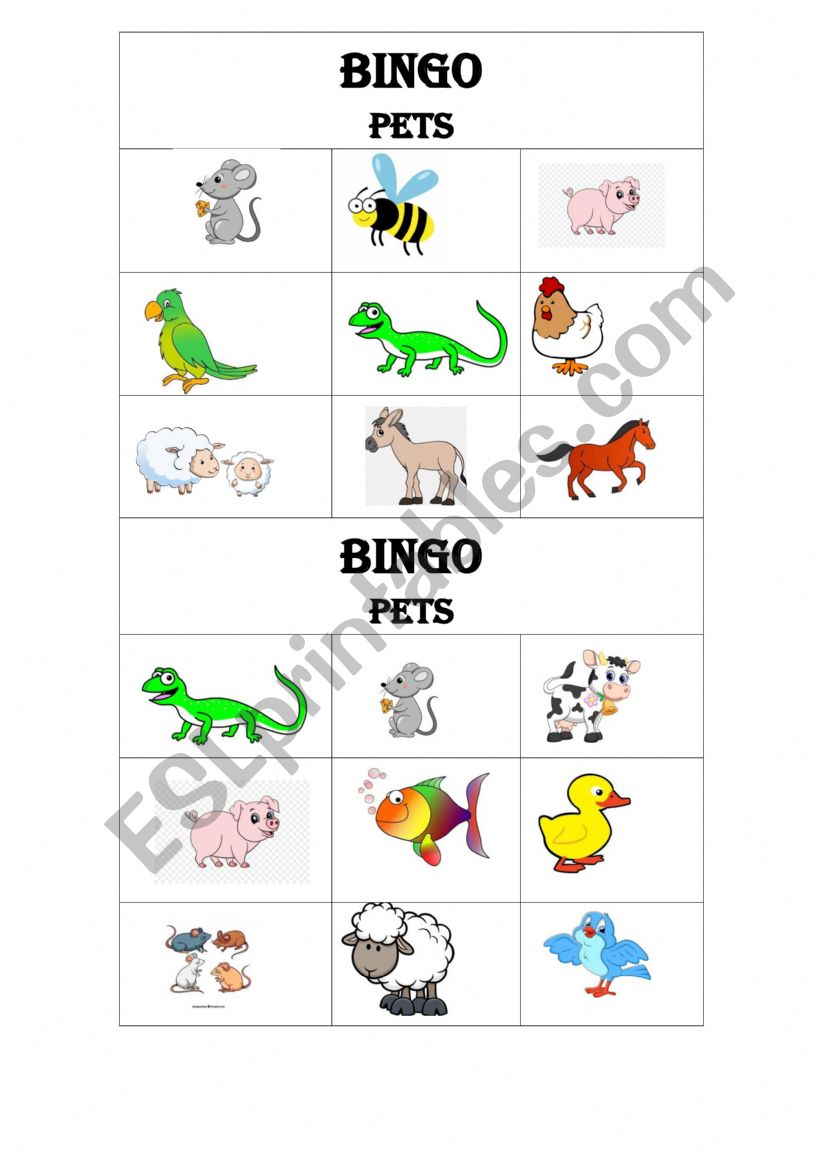Bingo Farm animals and Pets worksheet