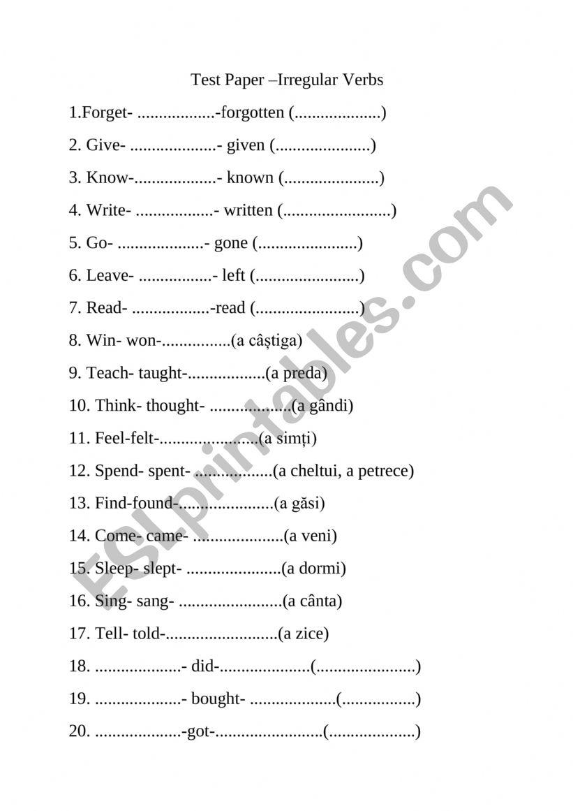 IRREGULAR VERBS  worksheet