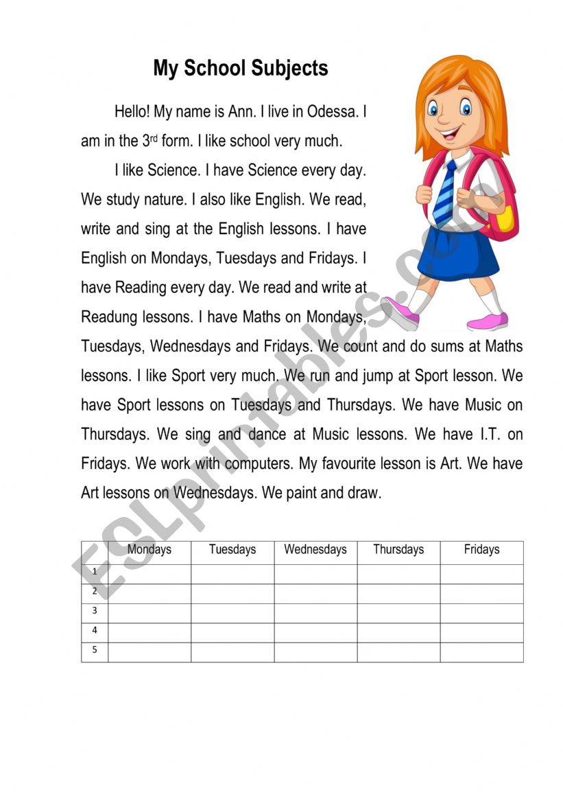 My School Subjects worksheet